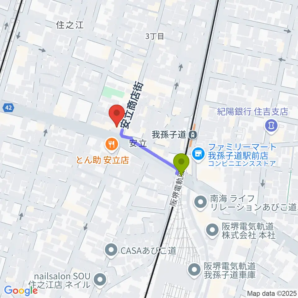 アンリュウリコーダーギャラリーの最寄駅我孫子道駅からの徒歩ルート（約2分）地図