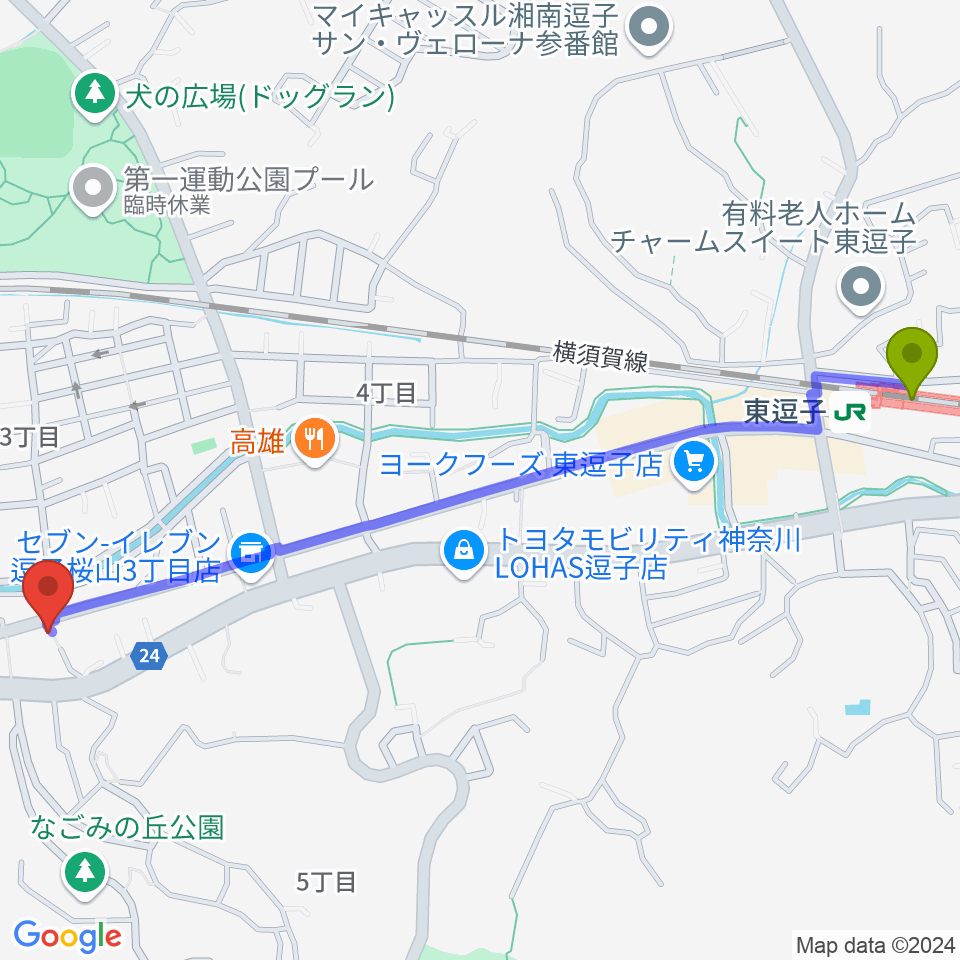 ケイズギターワークスの最寄駅東逗子駅からの徒歩ルート（約15分）地図