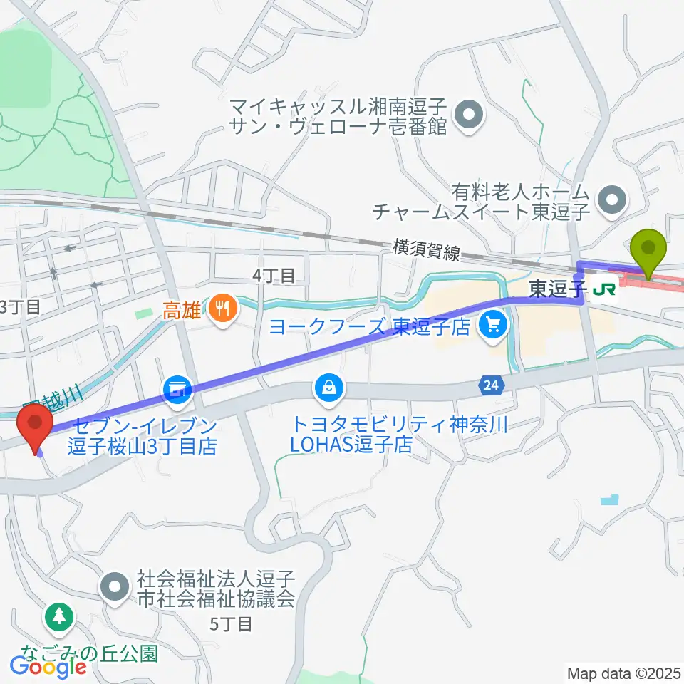 ケイズギターワークスの最寄駅東逗子駅からの徒歩ルート（約15分）地図