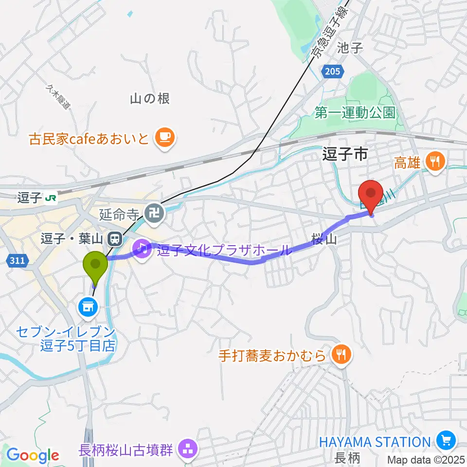 逗子・葉山駅からケイズギターワークスへのルートマップ地図