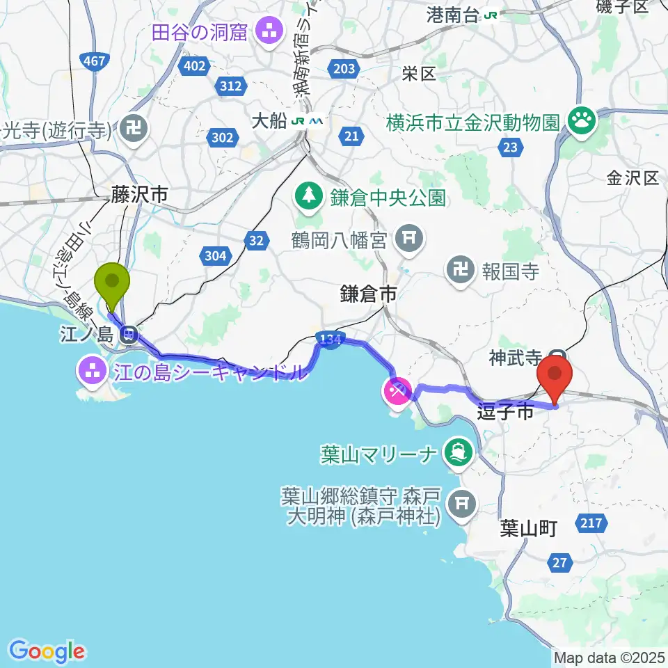 湘南海岸公園駅からケイズギターワークスへのルートマップ地図