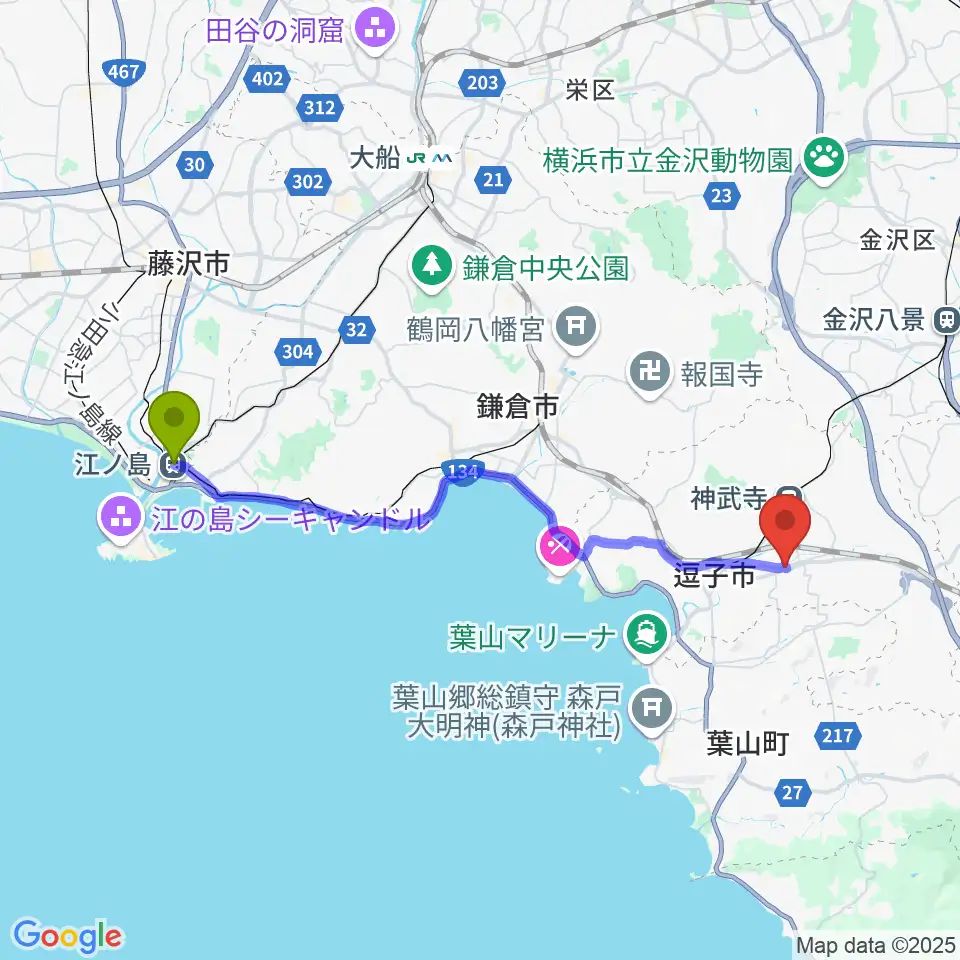 江ノ島駅からケイズギターワークスへのルートマップ地図