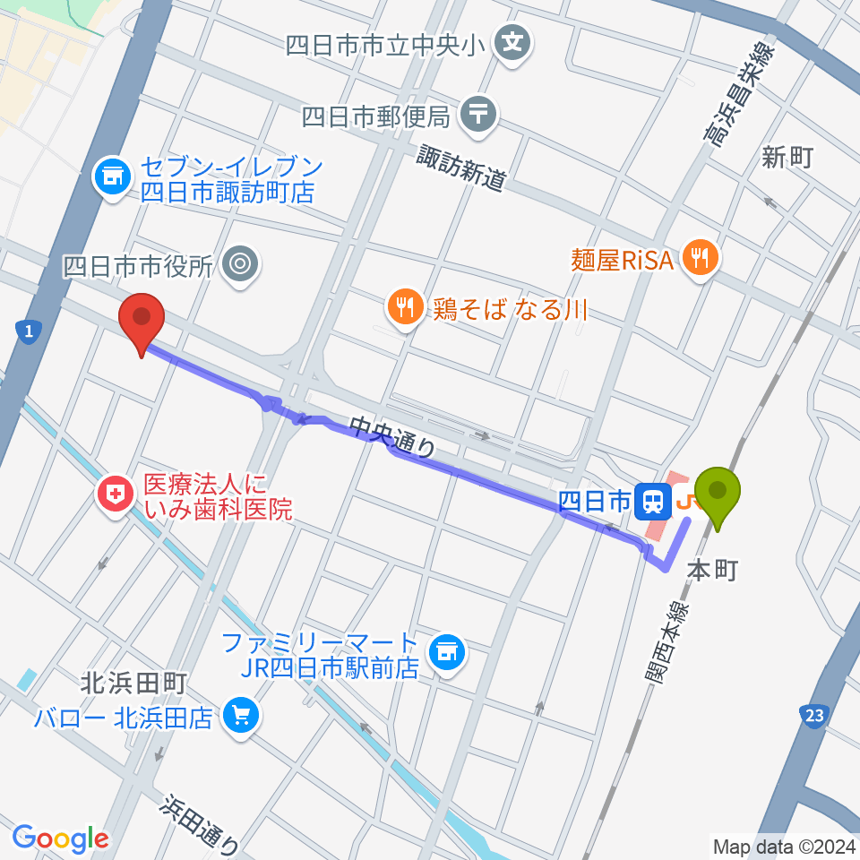 四日市駅から四日市JAZZ TAKE ZEROへのルートマップ地図