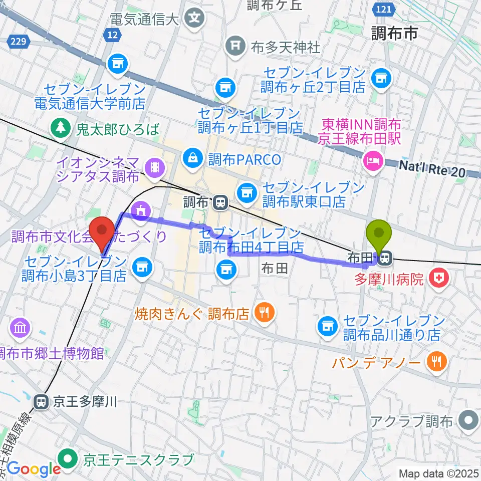 布田駅から調布GINZへのルートマップ地図