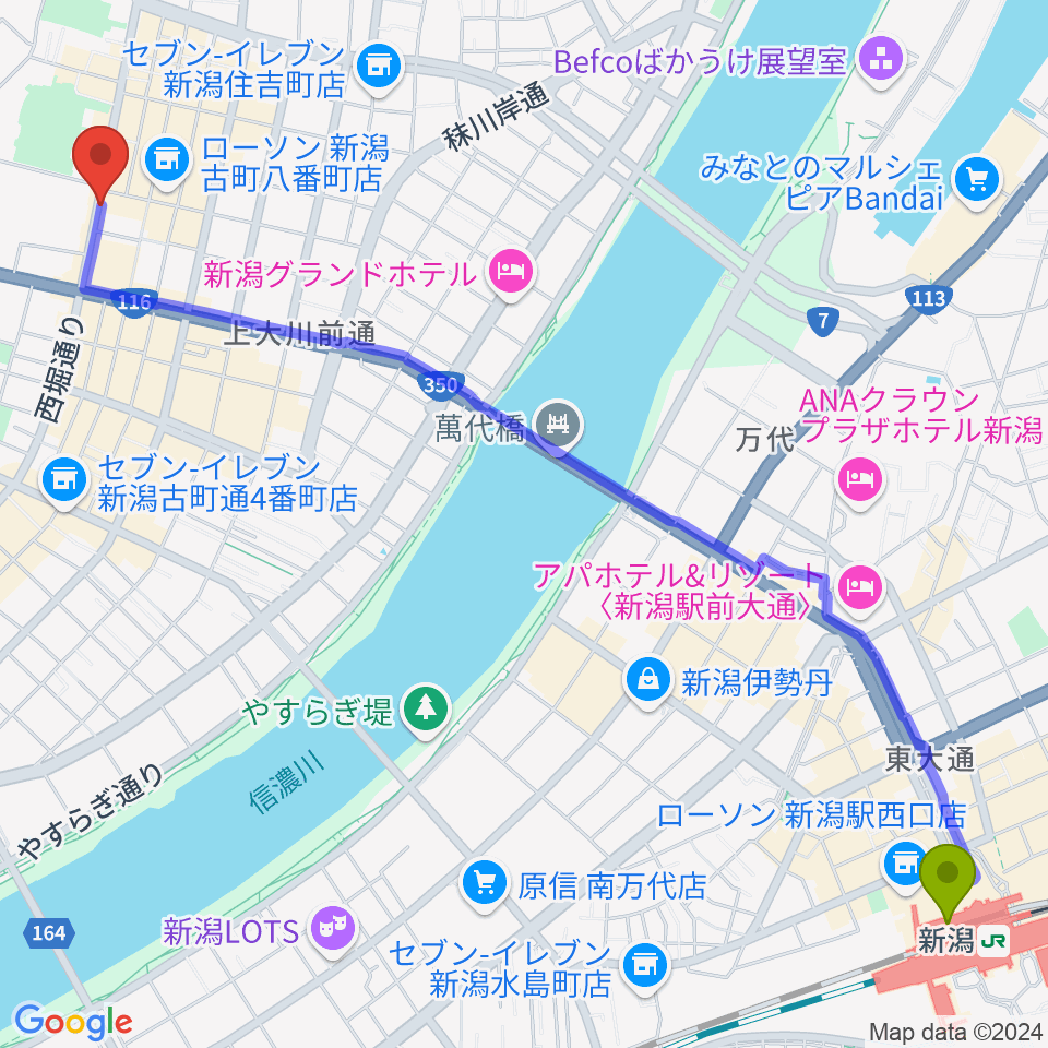 新潟駅からよろっtoローサへのルートマップ地図