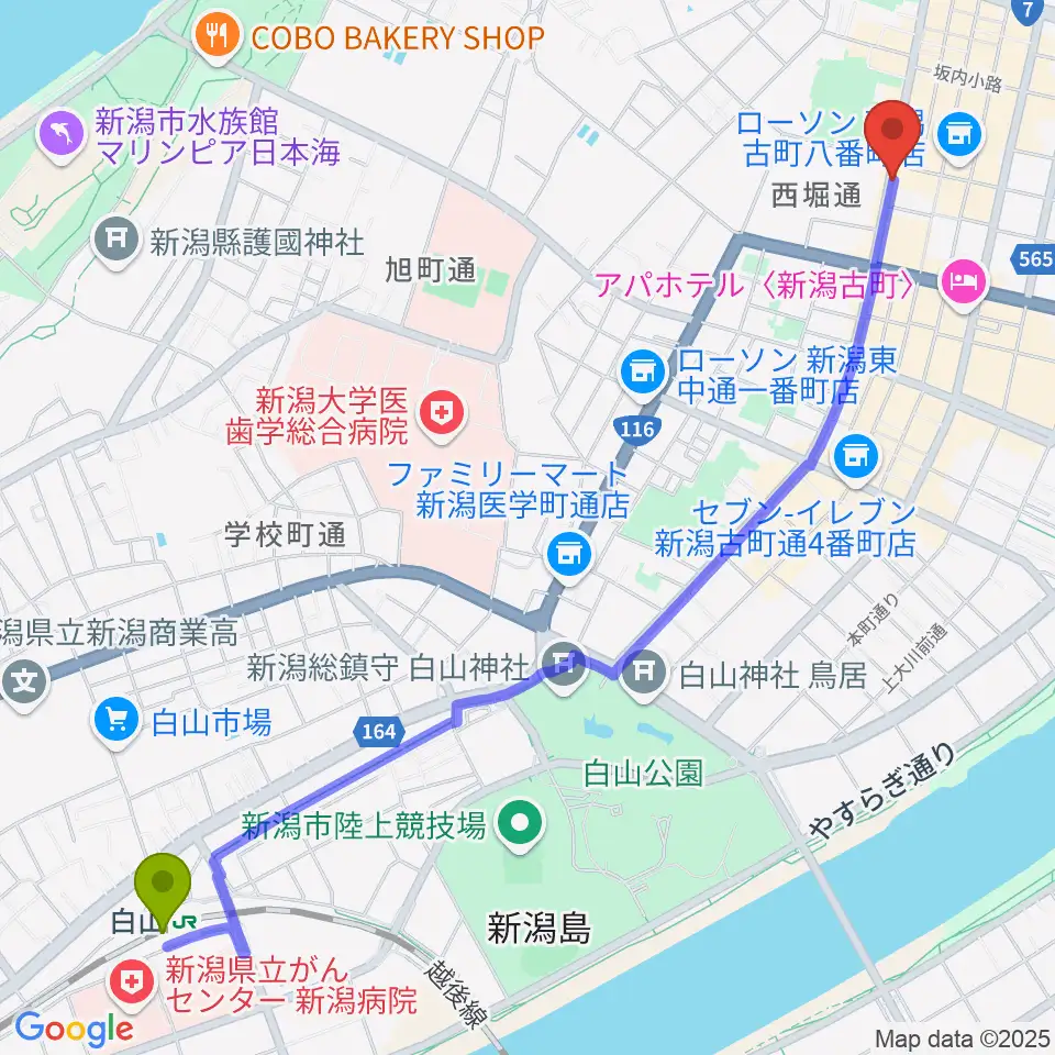 よろっtoローサの最寄駅白山駅からの徒歩ルート（約30分）地図