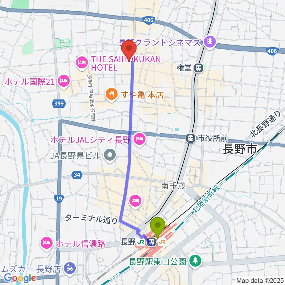 長野駅から北野文芸座へのルートマップ地図