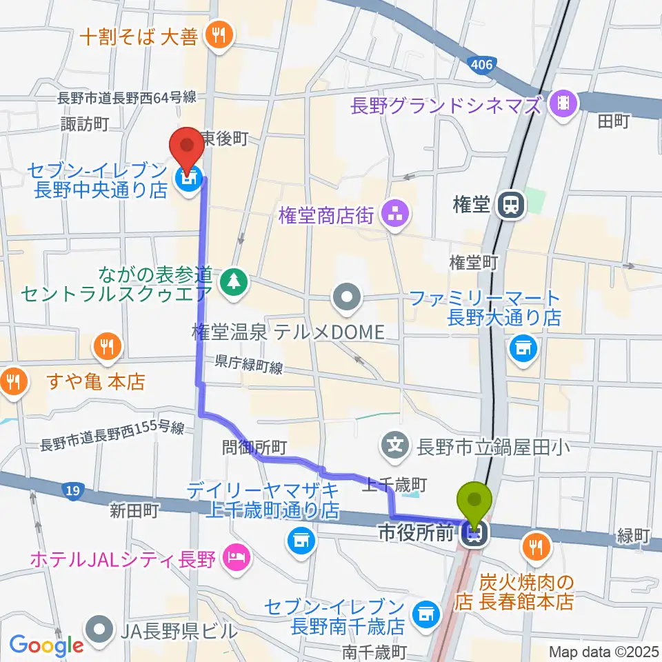 市役所前駅から北野文芸座へのルートマップ地図