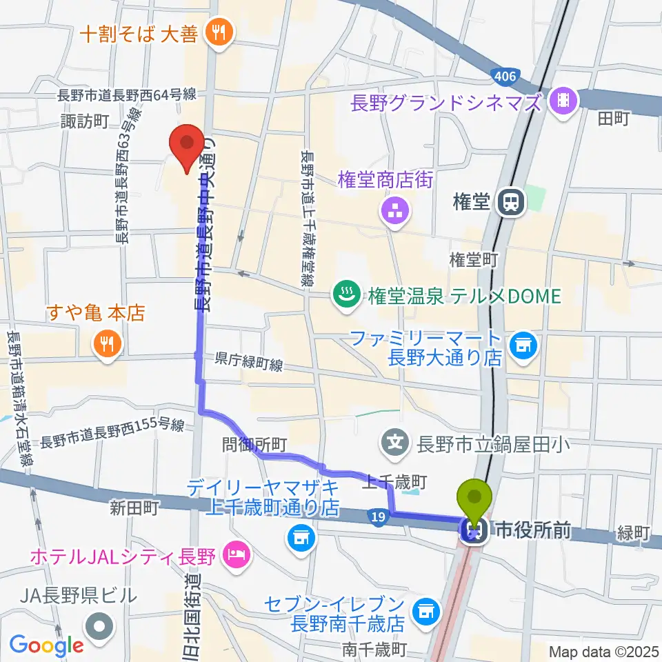 市役所前駅から北野文芸座へのルートマップ地図