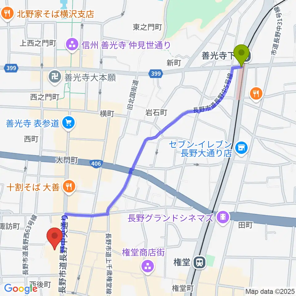 善光寺下駅から北野文芸座へのルートマップ地図