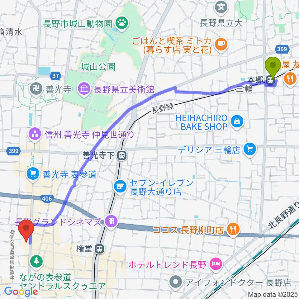 本郷駅から北野文芸座へのルートマップ地図