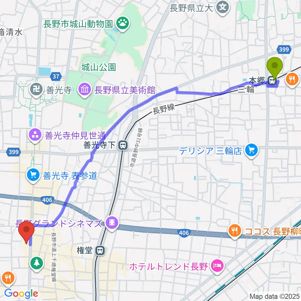 本郷駅から北野文芸座へのルートマップ地図