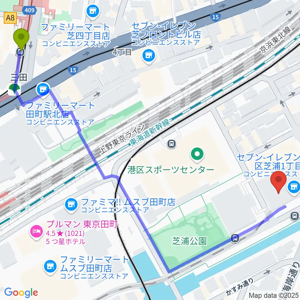 ファツィオリ・ショールームの最寄駅三田駅からの徒歩ルート（約8分）地図