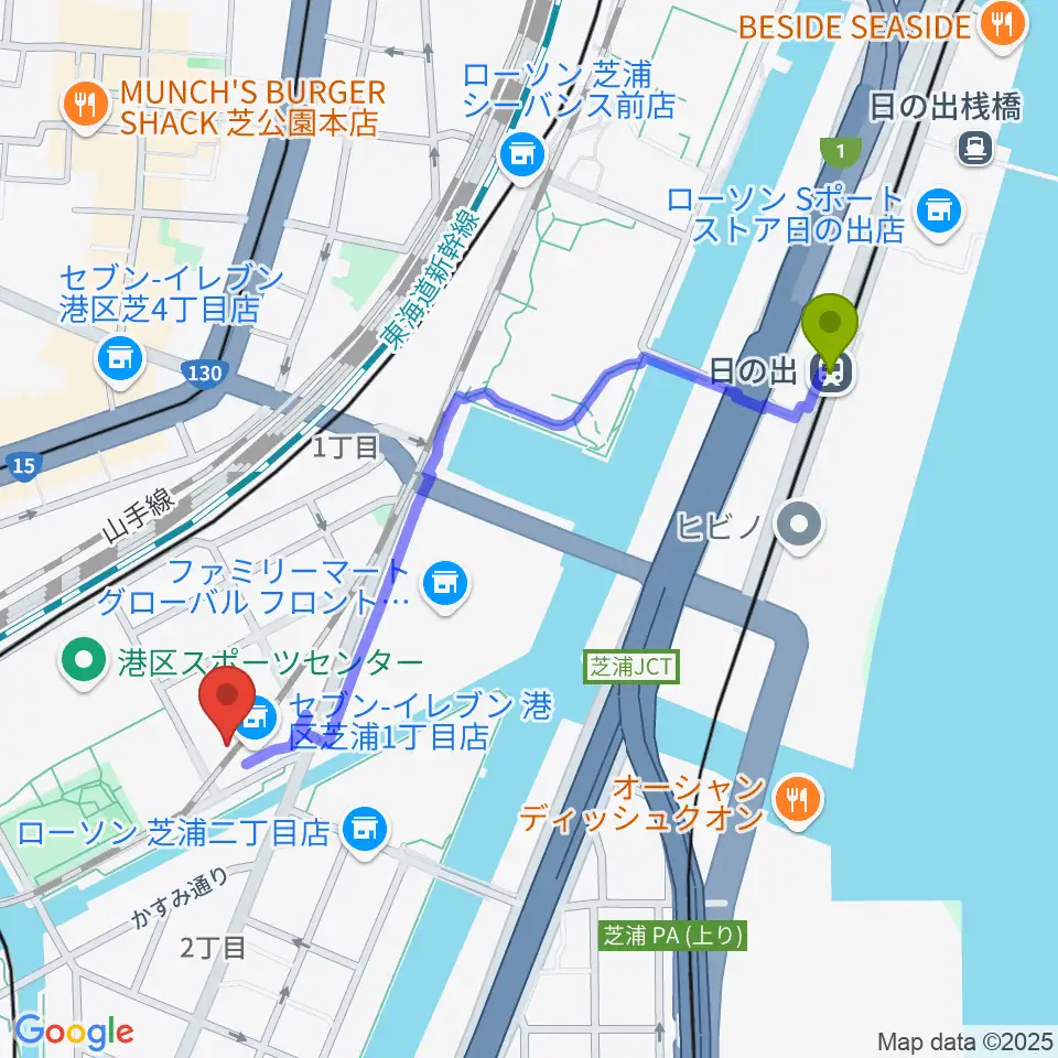 日の出駅からファツィオリ・ショールームへのルートマップ地図