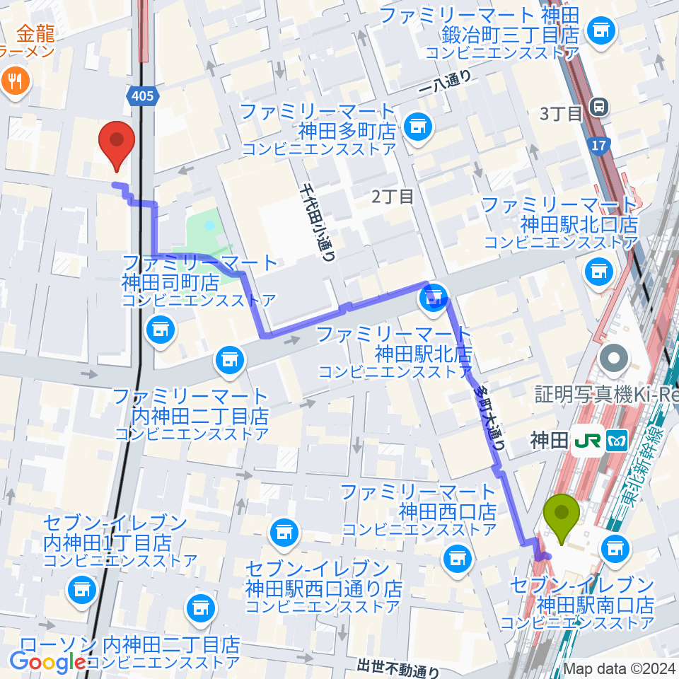 神田駅からスタジオM Gartenへのルートマップ地図