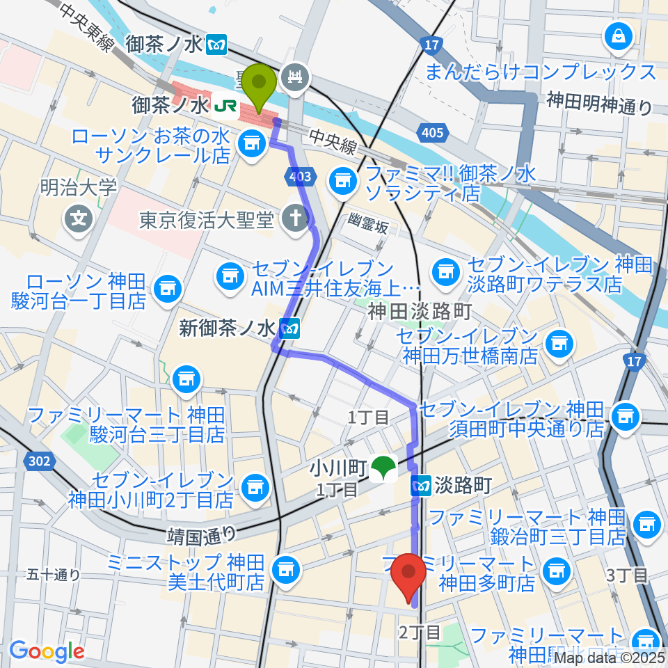 御茶ノ水駅からスタジオM Gartenへのルートマップ地図