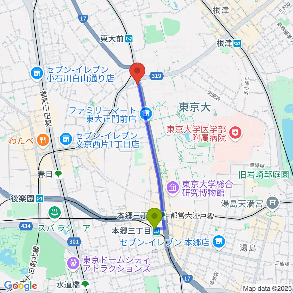 本郷三丁目駅から三浦ピアノ本郷店へのルートマップ地図
