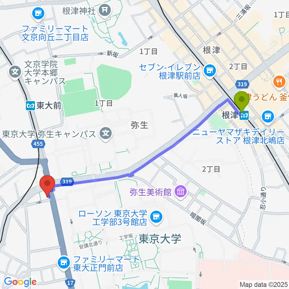 根津駅から三浦ピアノ本郷店へのルートマップ地図