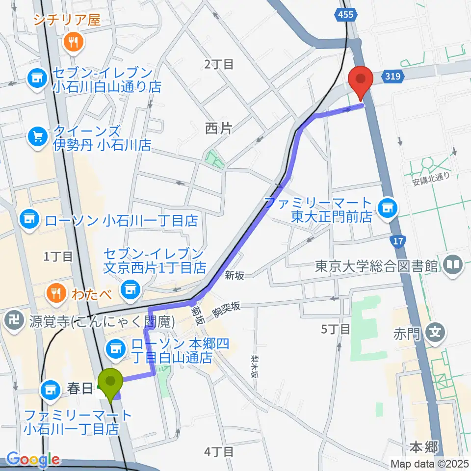 春日駅から三浦ピアノ本郷店へのルートマップ地図