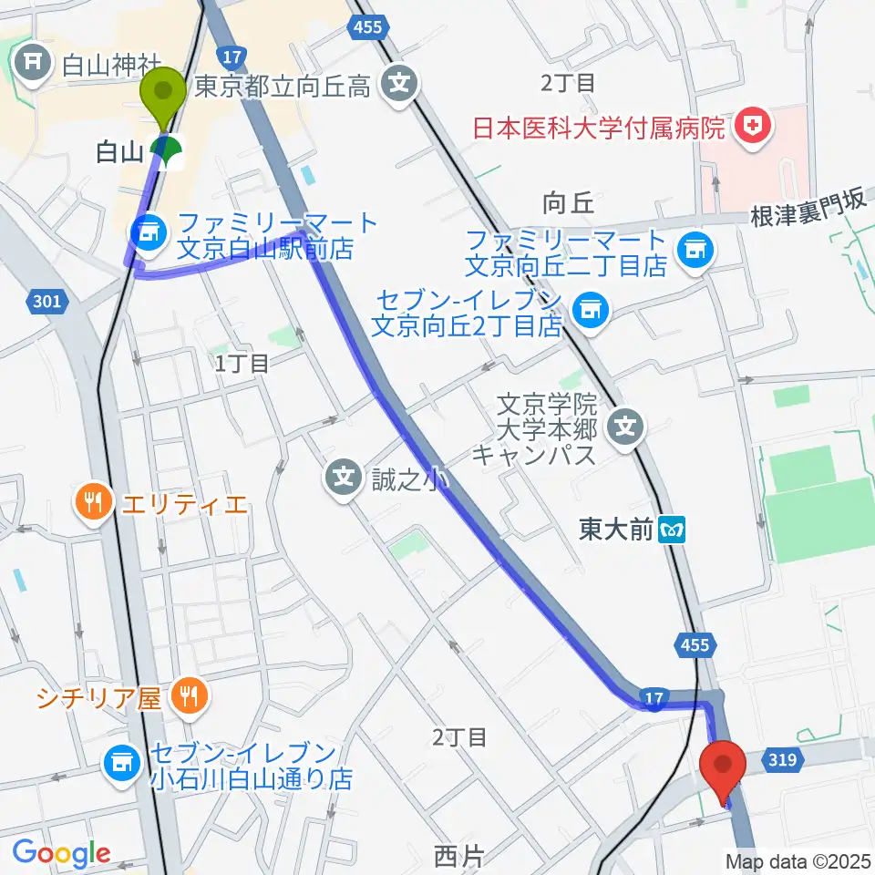 白山駅から三浦ピアノ本郷店へのルートマップ地図