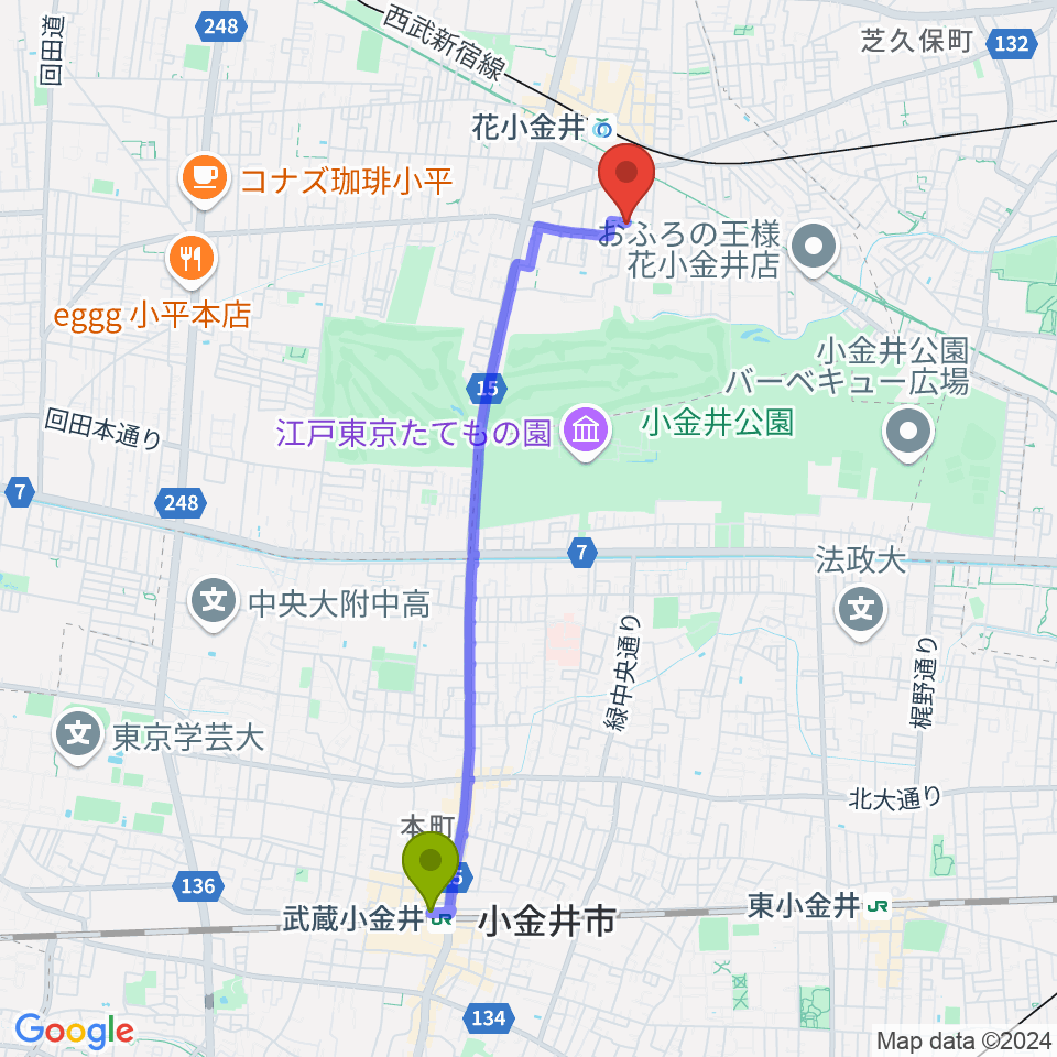 武蔵小金井駅から小平ギター＆ピアノ教室 花小金井校へのルートマップ地図