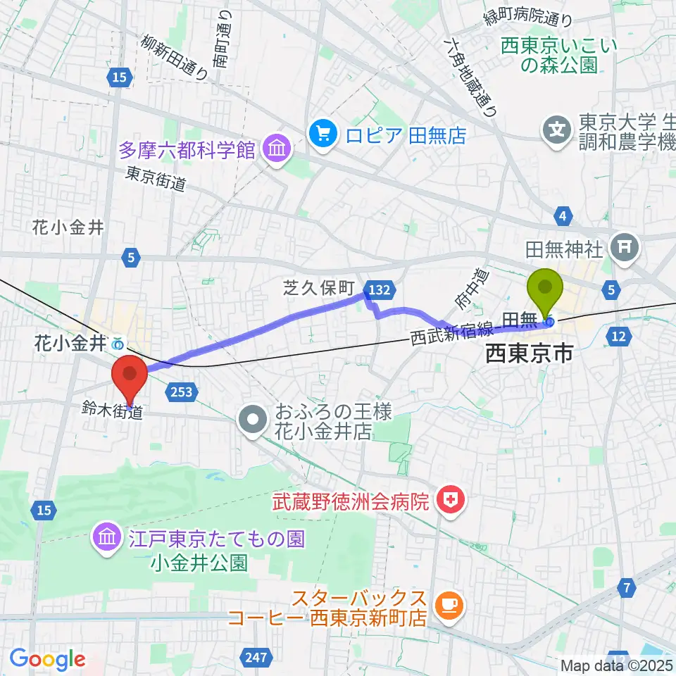 田無駅から小平ギター＆ピアノ教室 花小金井校へのルートマップ地図