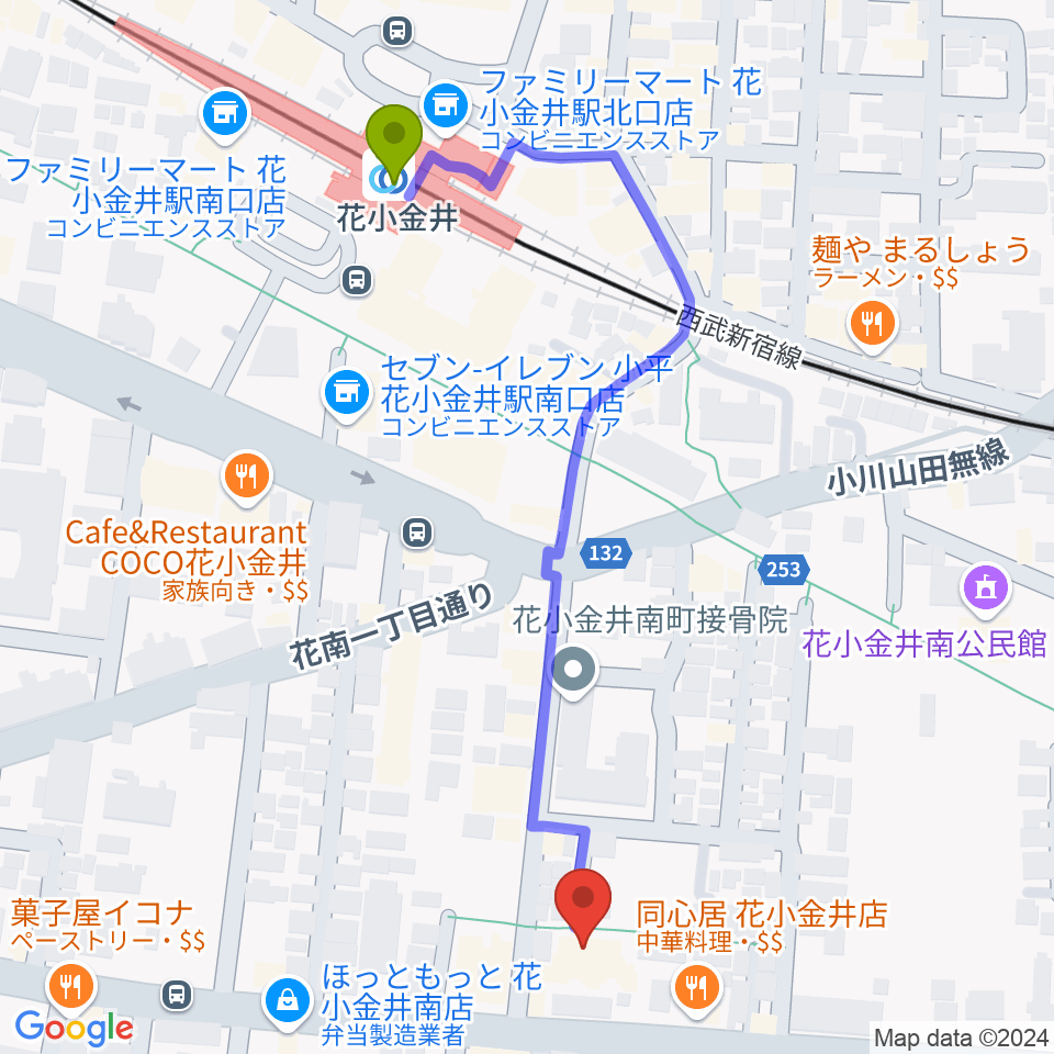 小平ギター＆ピアノ教室 花小金井校の最寄駅花小金井駅からの徒歩ルート（約6分）地図