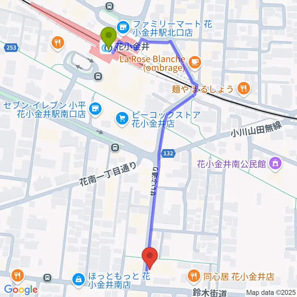 小平ギター＆ピアノ教室 花小金井校の最寄駅花小金井駅からの徒歩ルート（約6分）地図
