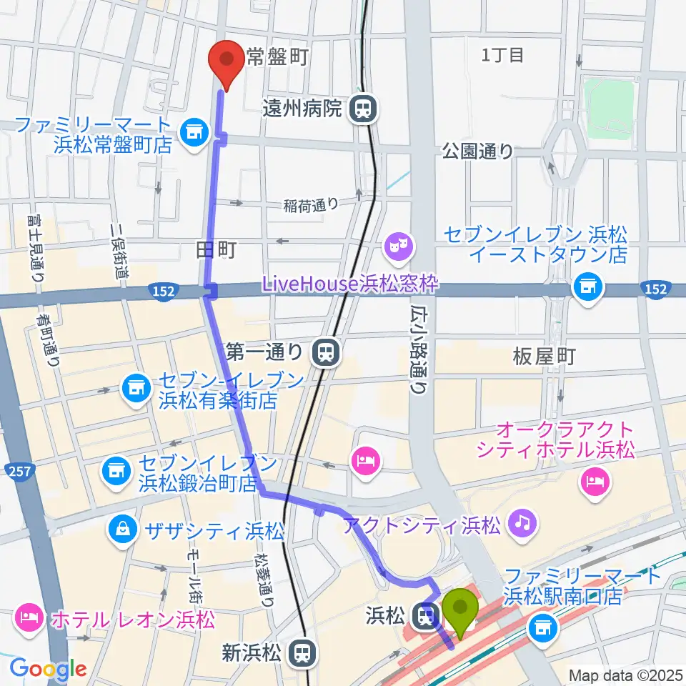 浜松駅から浜松スペースKへのルートマップ地図