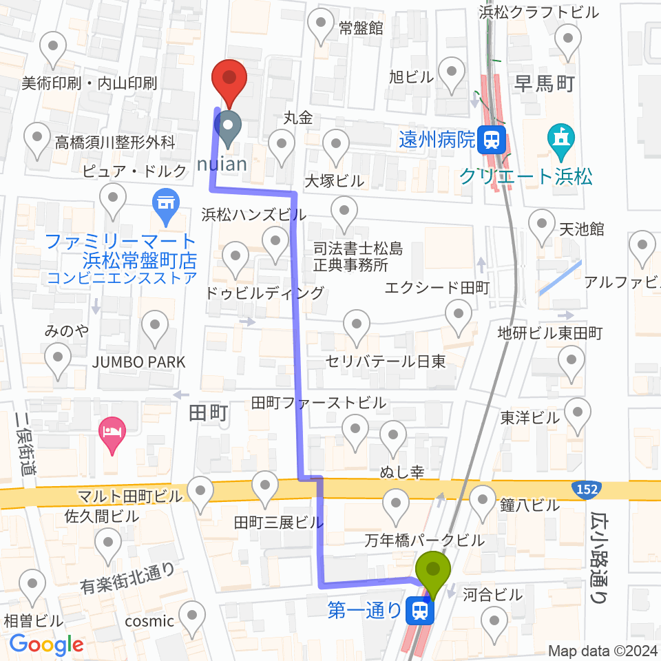 第一通り駅から浜松スペースKへのルートマップ地図