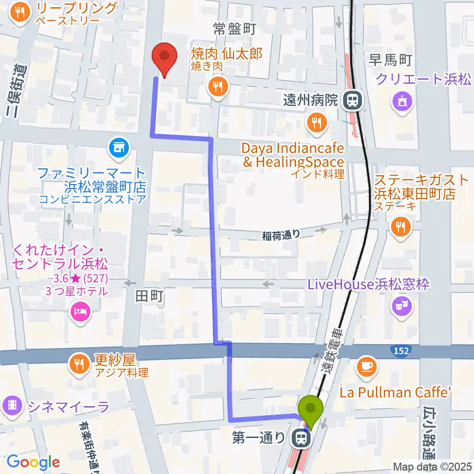 第一通り駅から浜松スペースKへのルートマップ地図