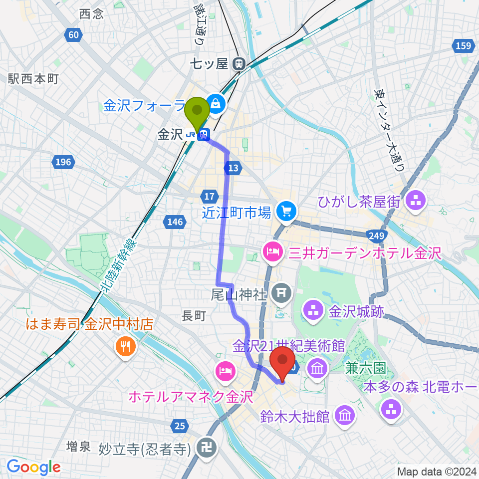 金沢駅からshirasagi/白鷺美術へのルートマップ地図