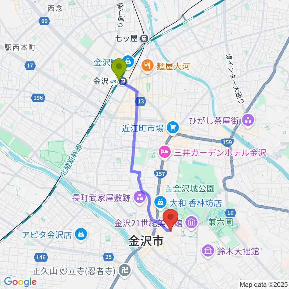 金沢駅からshirasagi/白鷺美術へのルートマップ地図