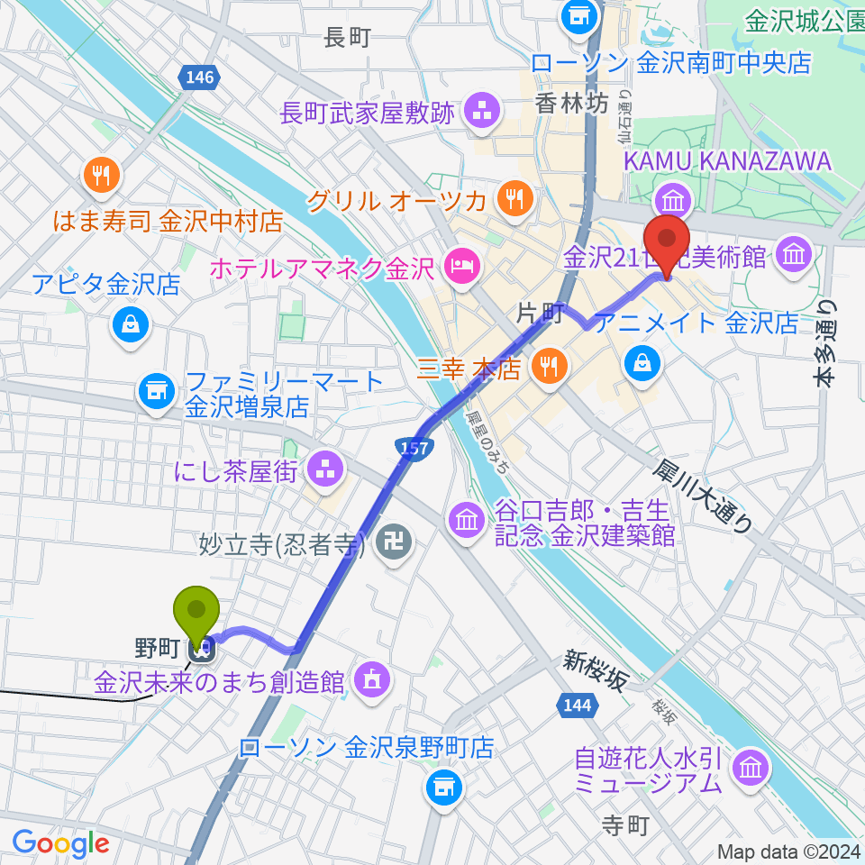 shirasagi/白鷺美術の最寄駅野町駅からの徒歩ルート（約21分）地図