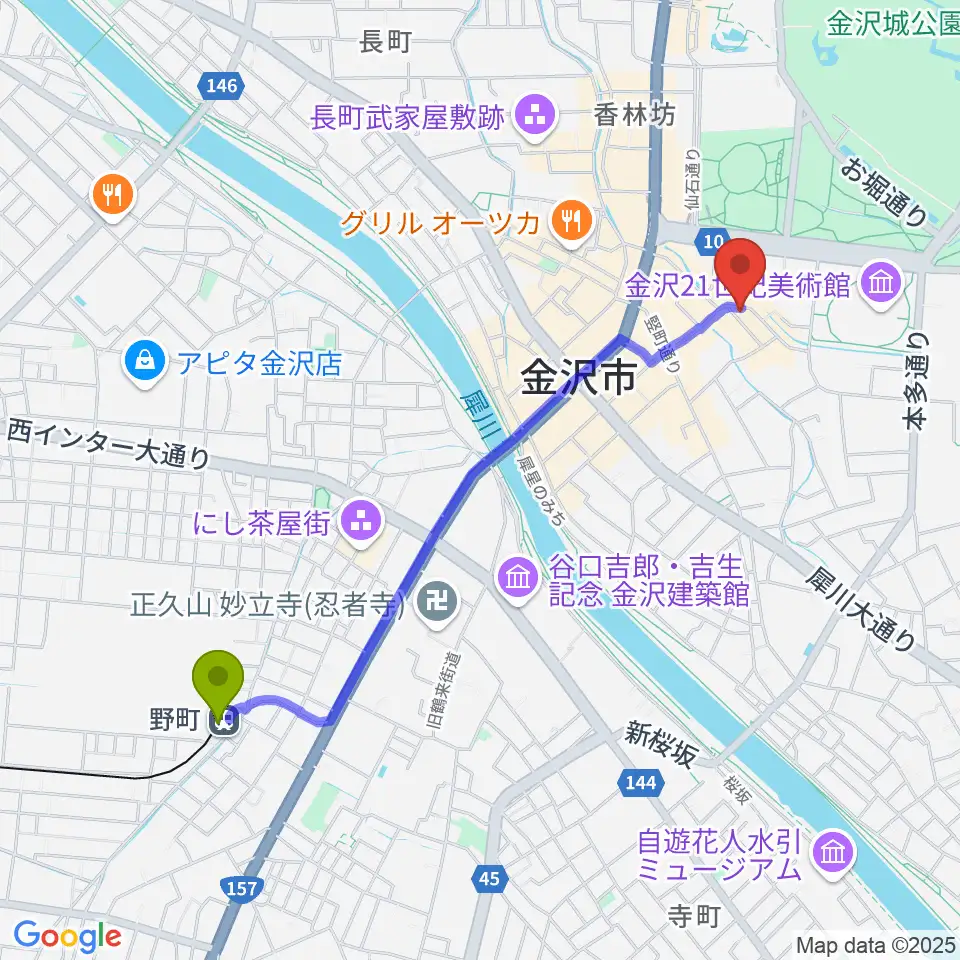 shirasagi/白鷺美術の最寄駅野町駅からの徒歩ルート（約21分）地図