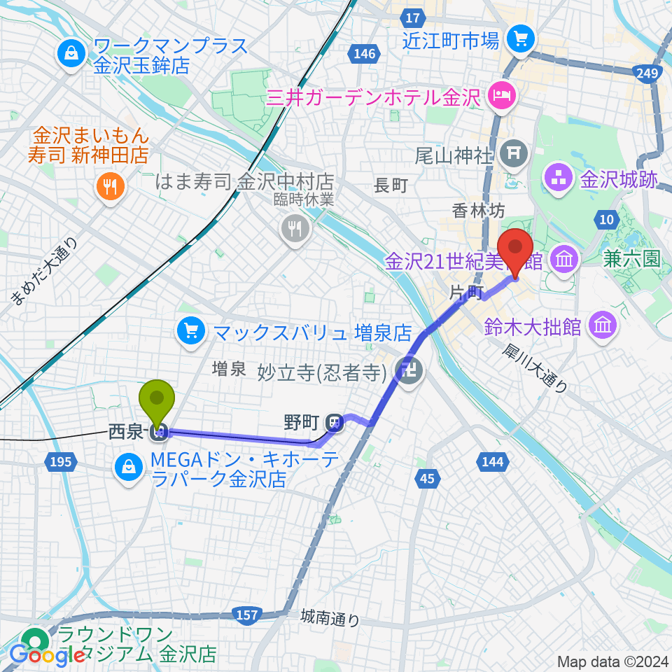 西泉駅からshirasagi/白鷺美術へのルートマップ地図