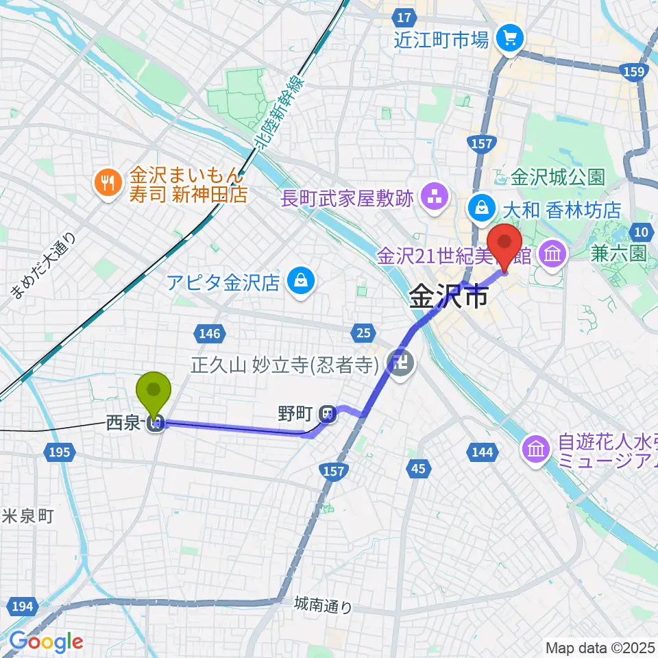 西泉駅からshirasagi/白鷺美術へのルートマップ地図