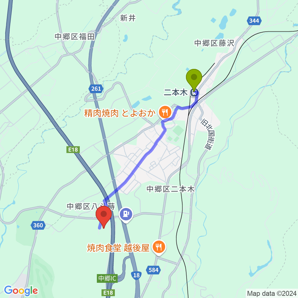 はーとぴあ中郷の最寄駅二本木駅からの徒歩ルート（約34分）地図