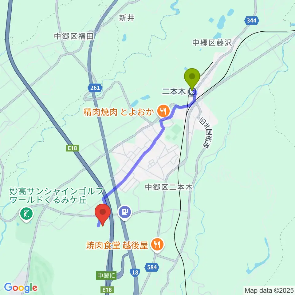 はーとぴあ中郷の最寄駅二本木駅からの徒歩ルート（約34分）地図