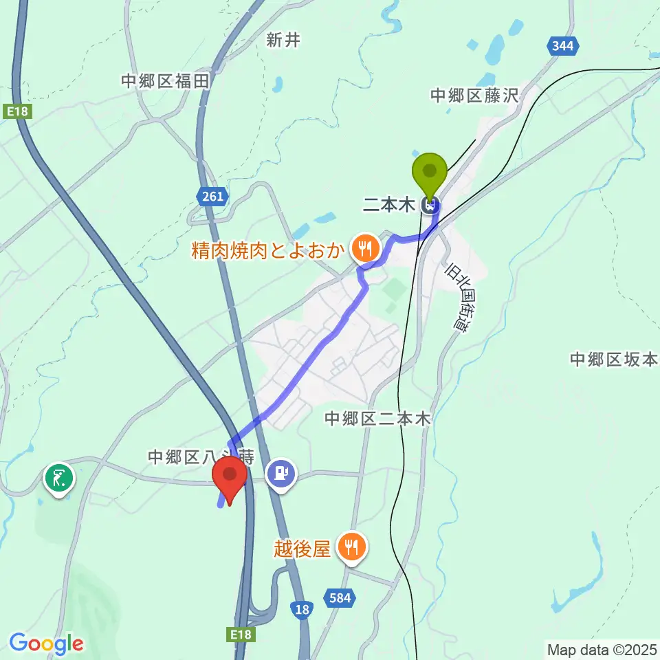 はーとぴあ中郷の最寄駅二本木駅からの徒歩ルート（約34分）地図