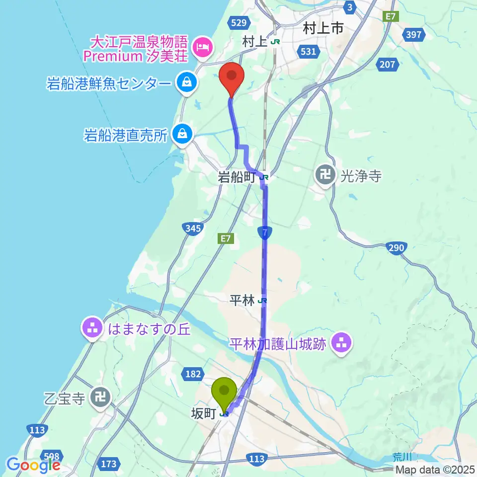 坂町駅から村上市民ふれあいセンターへのルートマップ地図