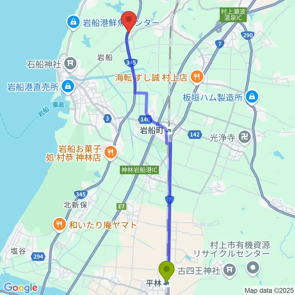 平林駅から村上市民ふれあいセンターへのルートマップ地図