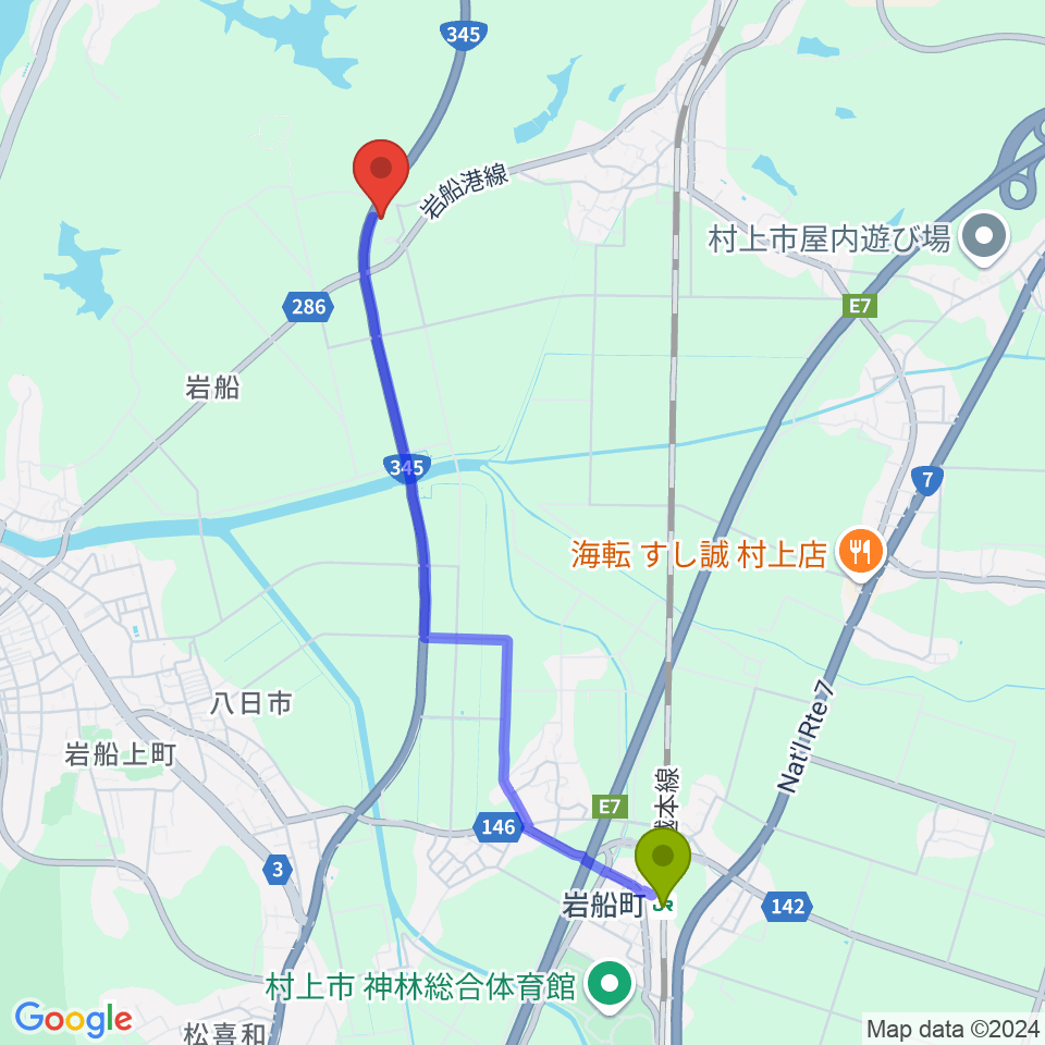 岩船町駅から村上市民ふれあいセンターへのルートマップ地図