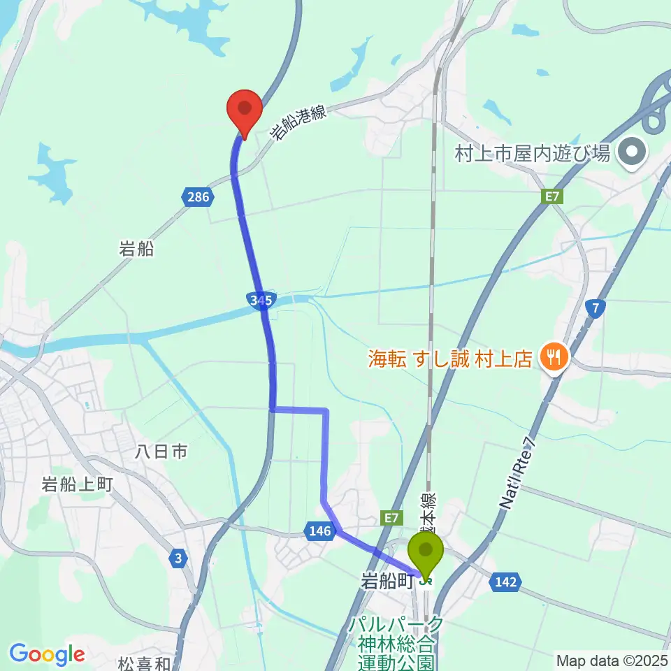 岩船町駅から村上市民ふれあいセンターへのルートマップ地図