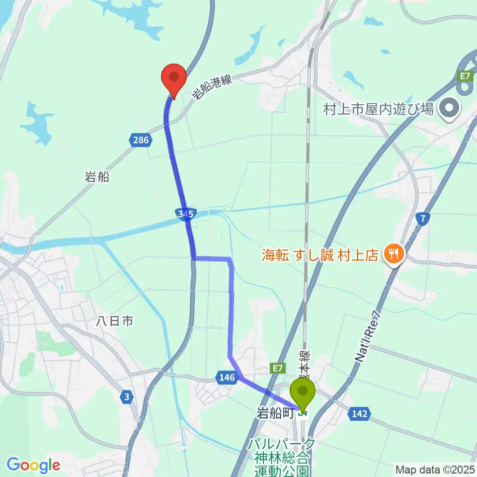 岩船町駅から村上市民ふれあいセンターへのルートマップ地図