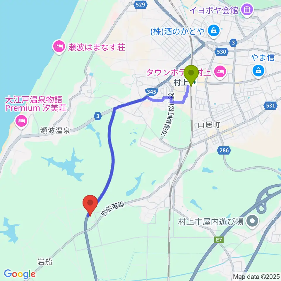 村上市民ふれあいセンターの最寄駅村上駅からの徒歩ルート（約35分）地図