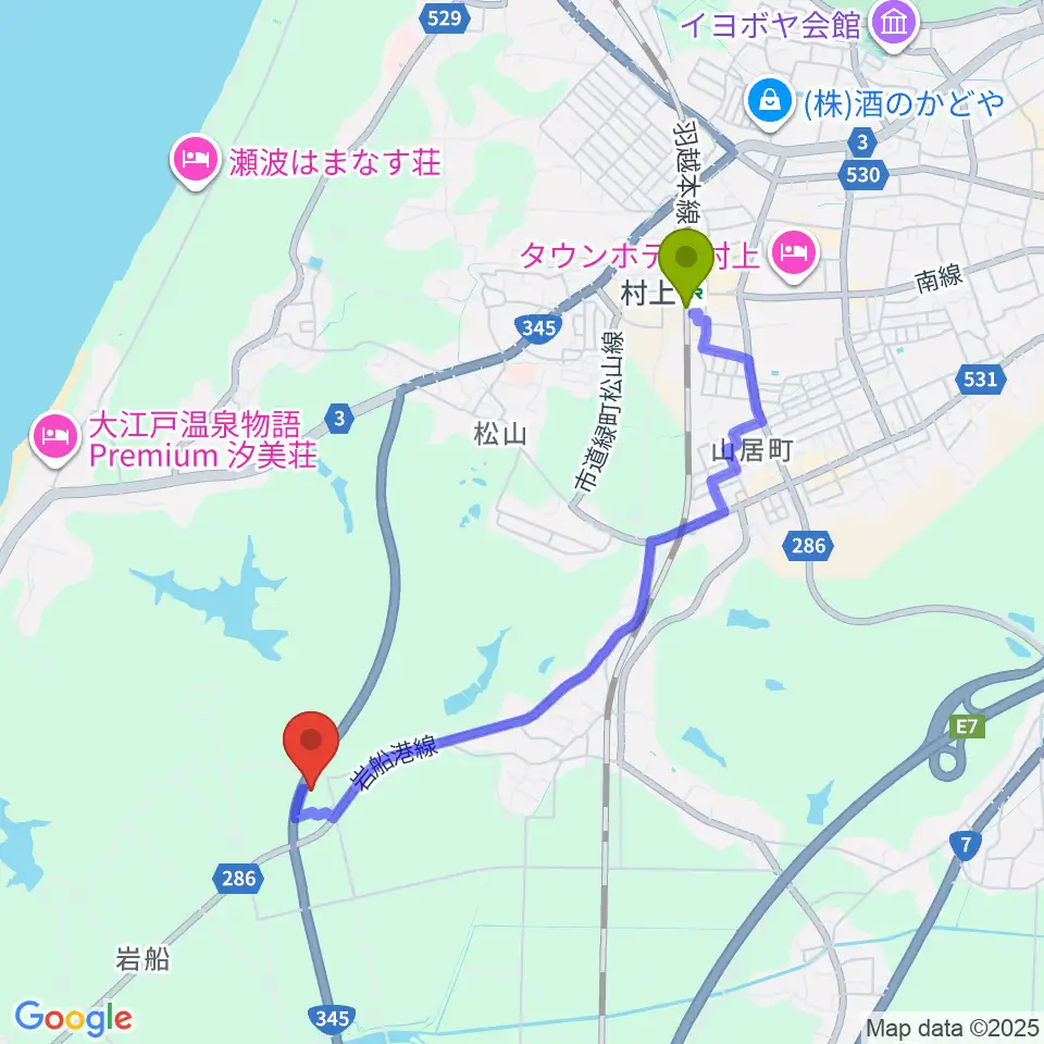 村上市民ふれあいセンターの最寄駅村上駅からの徒歩ルート（約35分）地図