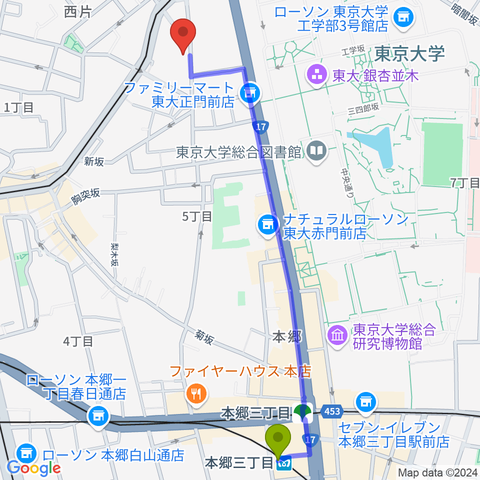 本郷三丁目駅から求道会館へのルートマップ地図