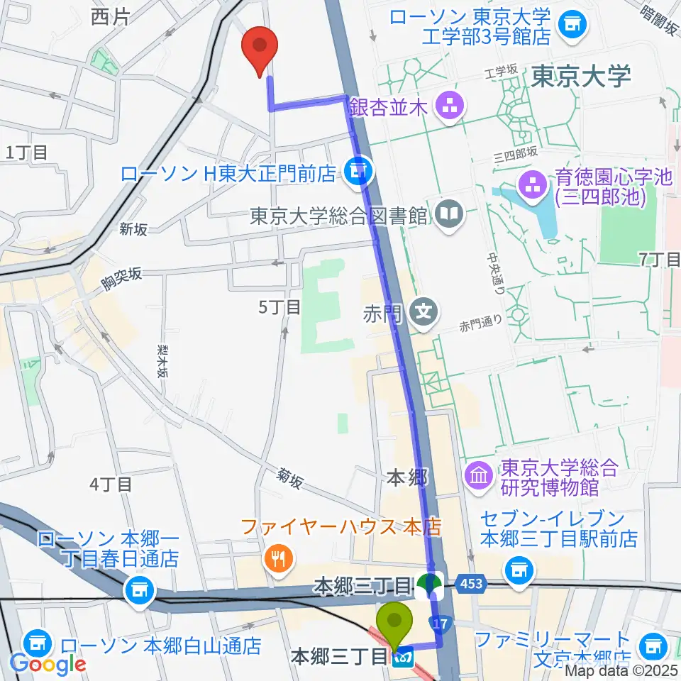 本郷三丁目駅から求道会館へのルートマップ地図