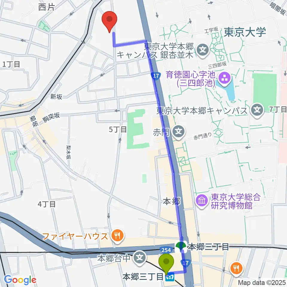 本郷三丁目駅から求道会館へのルートマップ地図